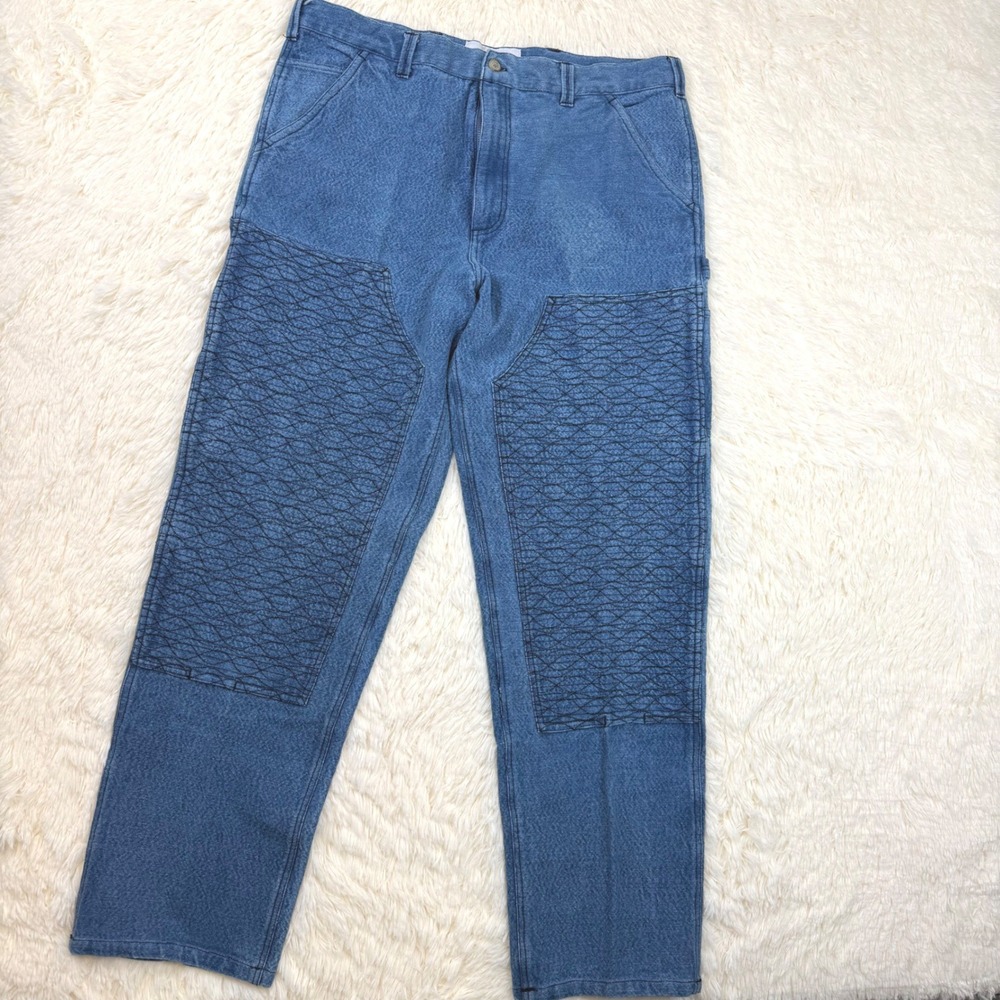 18 East Pants Mens L Blue Double Knee Kantha Stitch Utility Workwear Gorpcore